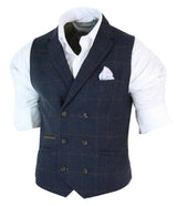 Miesten kaksirivinen kalanruotokuvioinen tweed-liivi Peaky Blinders Vintage -ruutuliivi tummansininen