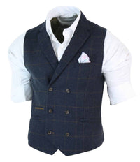 Miesten kaksirivinen kalanruotokuvioinen tweed-liivi Peaky Blinders Vintage -ruutuliivi tummansininen