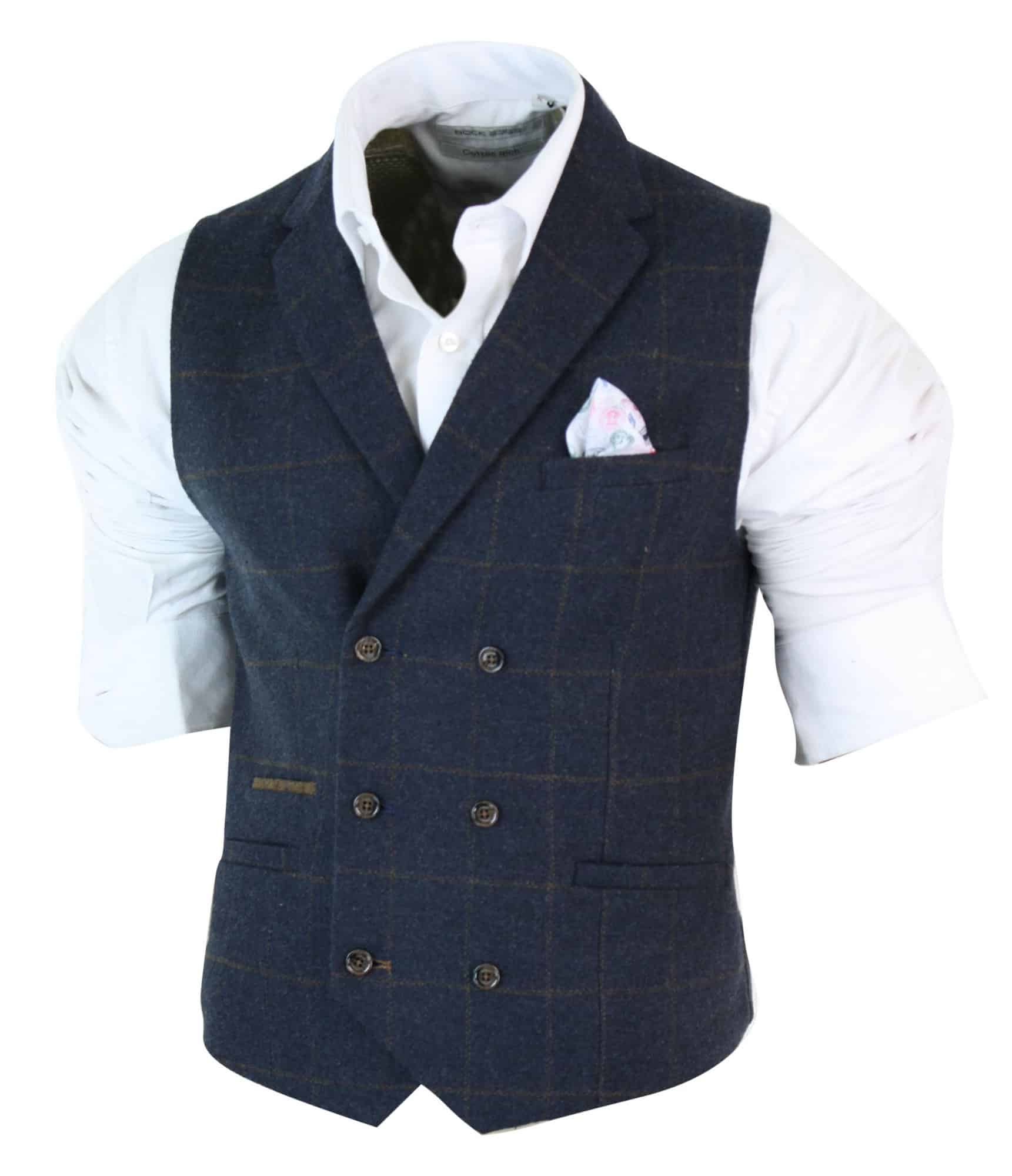 Miesten kaksirivinen kalanruotokuvioinen tweed-liivi Peaky Blinders Vintage -ruutuliivi tummansininen