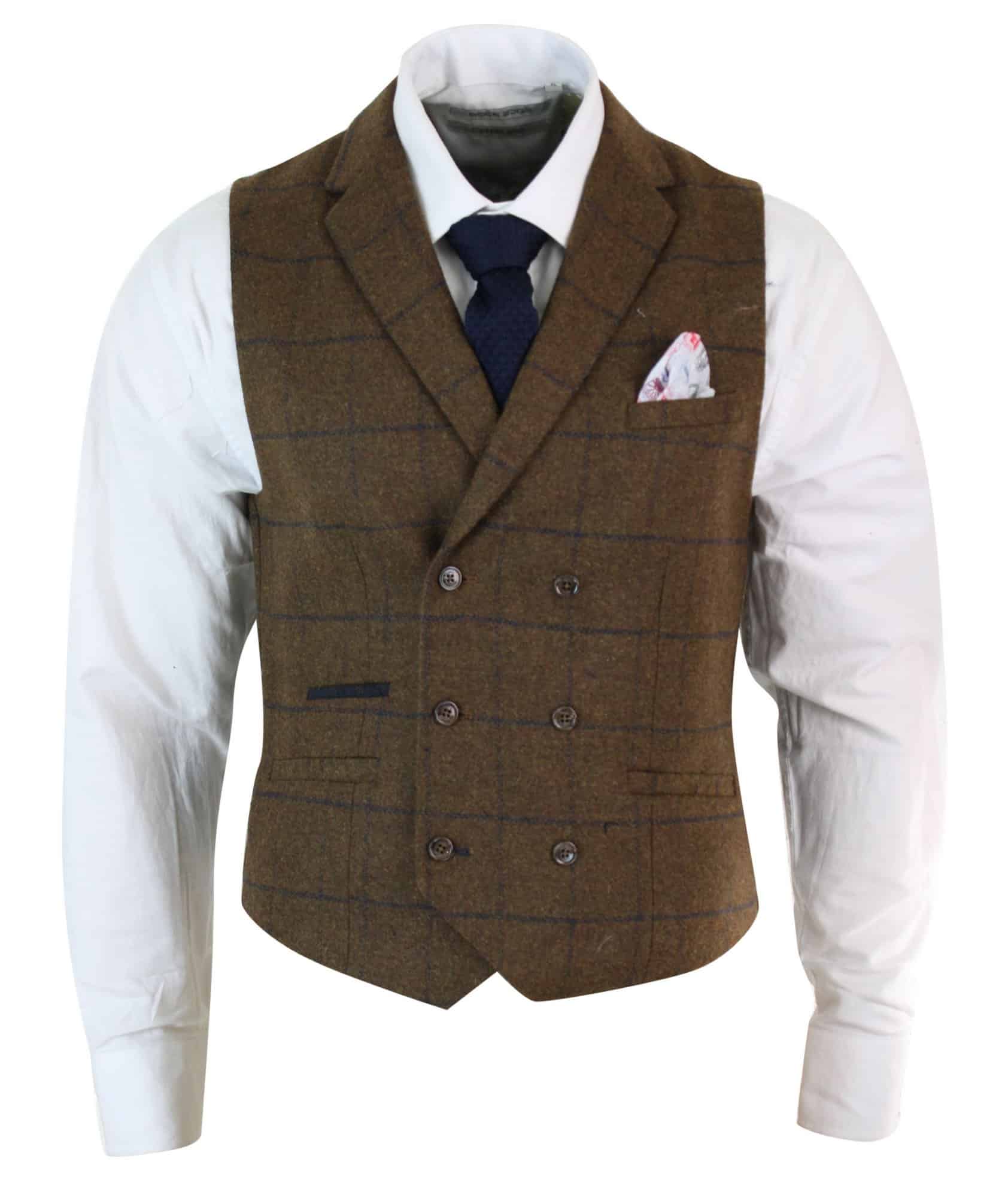 Miesten kaksirivinen kalanruotokuvioinen tweed-liivi Peaky Blinders Vintage -ruutuliivi Tan-ruskea