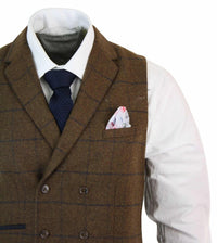 Miesten kaksirivinen kalanruotokuvioinen tweed-liivi Peaky Blinders Vintage -ruutuliivi Tan-ruskea