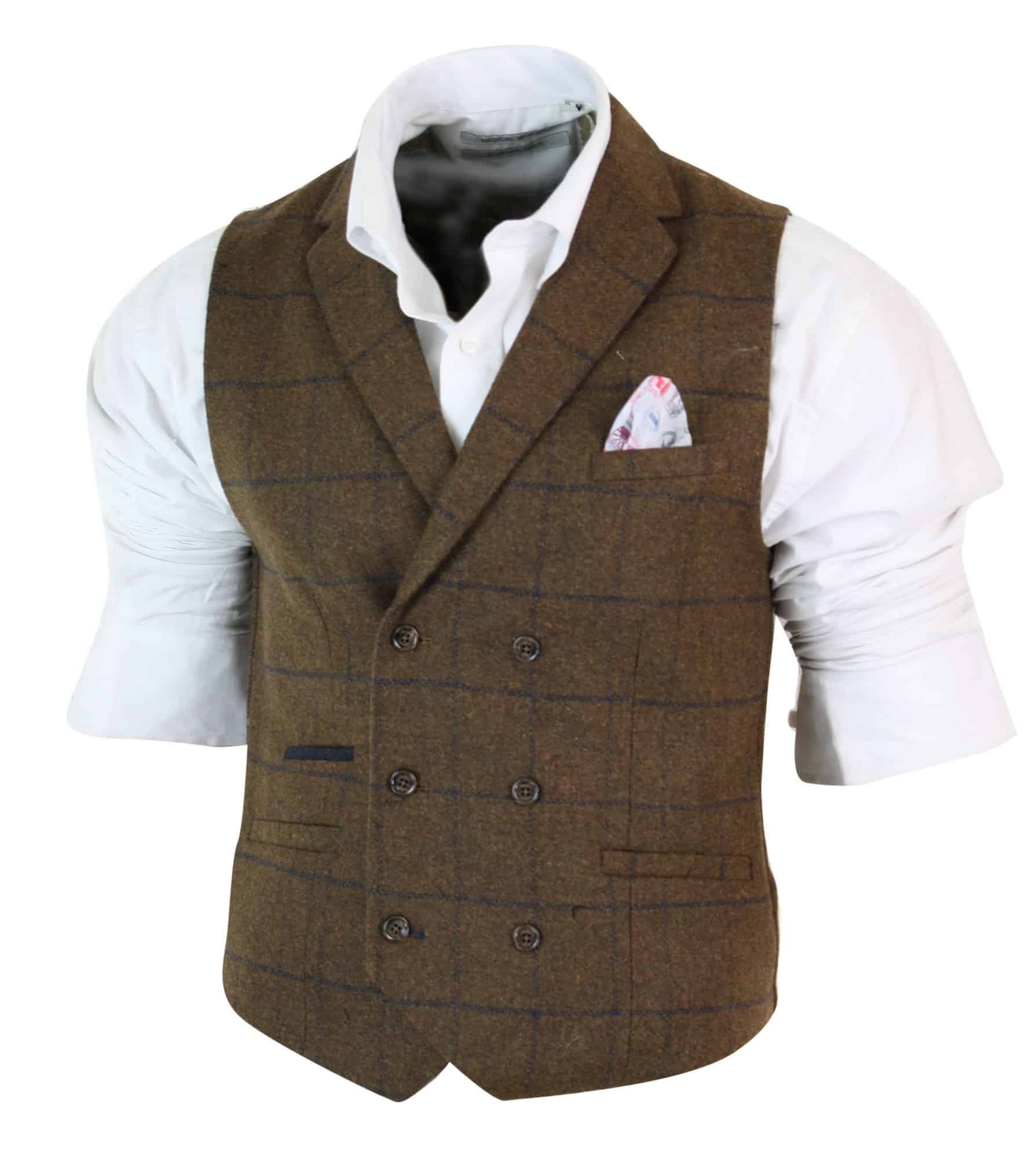 Miesten kaksirivinen kalanruotokuvioinen tweed-liivi Peaky Blinders Vintage -ruutuliivi Tan-ruskea