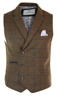Miesten kaksirivinen kalanruotokuvioinen tweed-liivi Peaky Blinders Vintage -ruutuliivi Tan-ruskea
