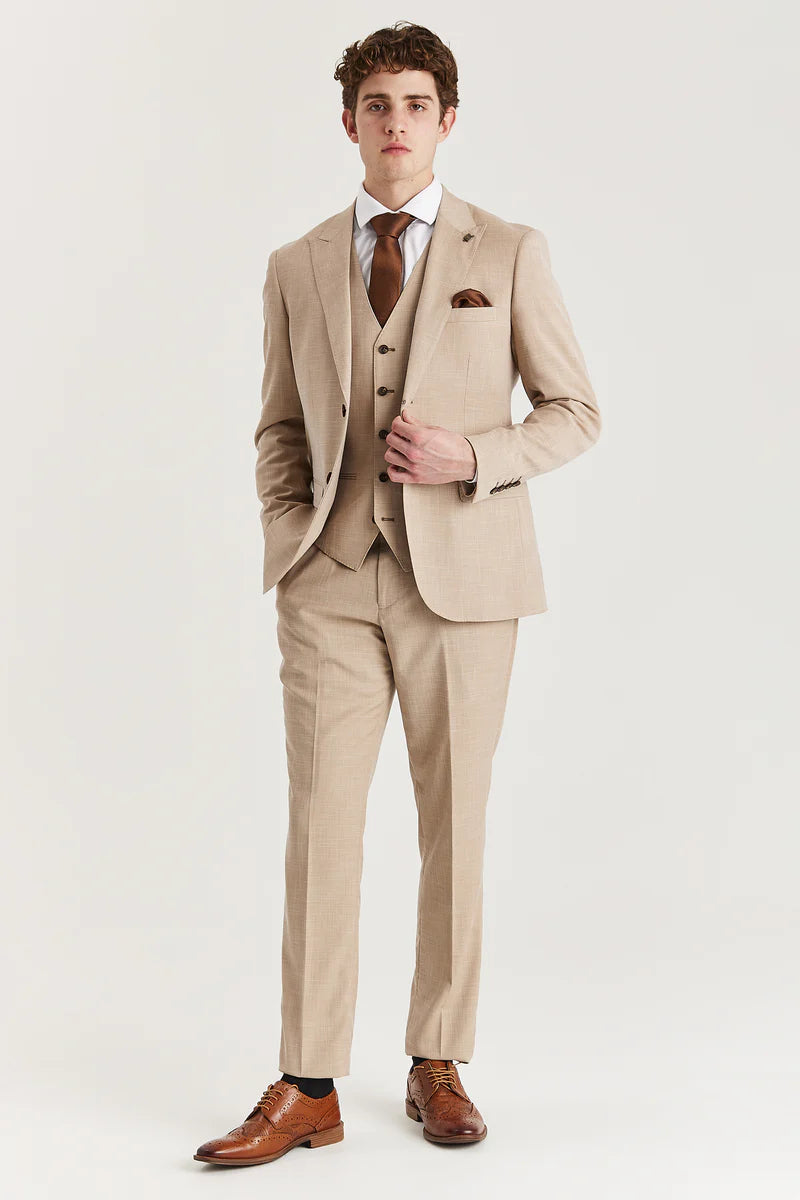 Miesten beige kolmiosainen tweed-ruutupuku