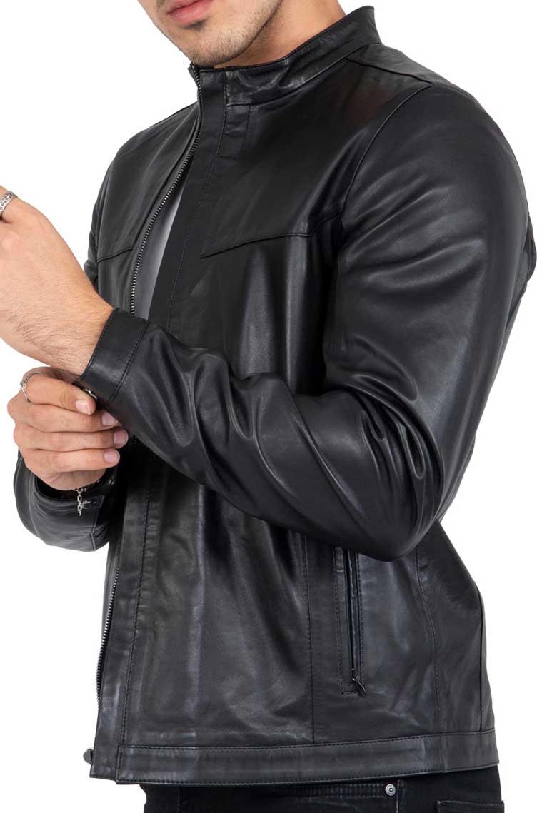 Miesten musta lammasnahkainen premium-luokan biker-takki, räätälöity istuvuus - B207