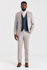 Leo Beige -puku ja Harris Navy Tweed -liivi