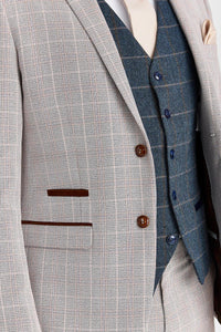 Leo Beige -puku ja Harris Navy Tweed -liivi