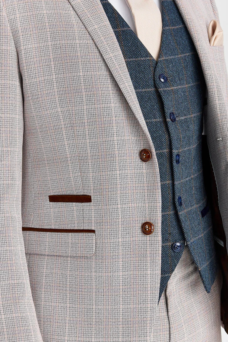 Leo Beige -puku ja Harris Navy Tweed -liivi