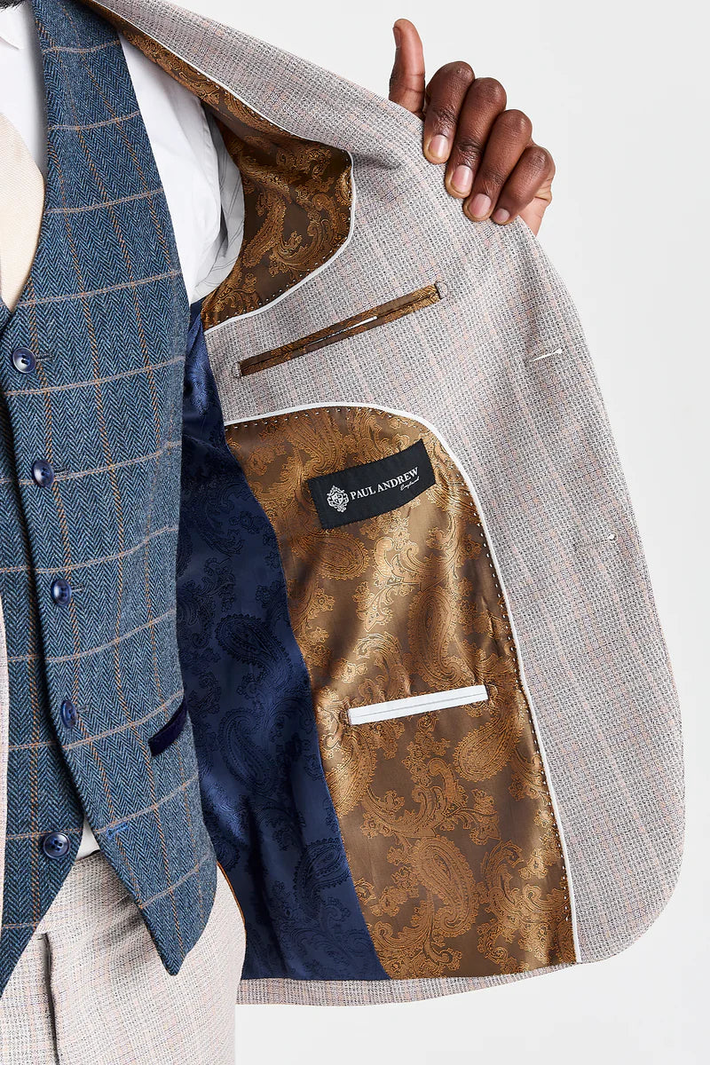 Leo Beige -puku ja Harris Navy Tweed -liivi