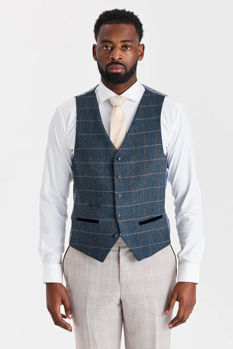 Leo Beige -puku ja Harris Navy Tweed -liivi