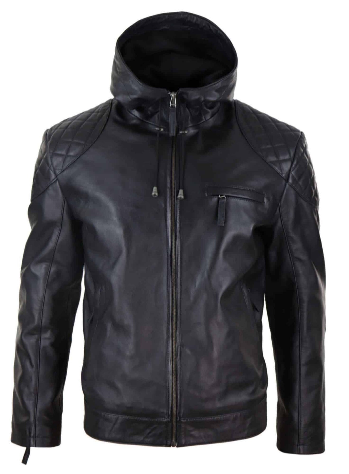 Miesten hupullinen biker-nahkatakki - musta