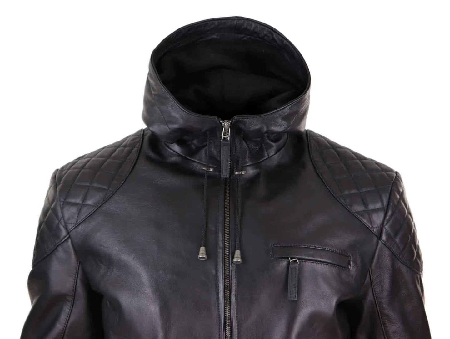 Miesten hupullinen biker-nahkatakki - musta