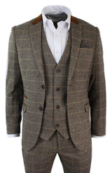 Miesten ruutukuvioinen vintage kalanruotokuvioinen tweed-puku, ruskea, kolmiosainen, vartalonmyötäinen hääpuku