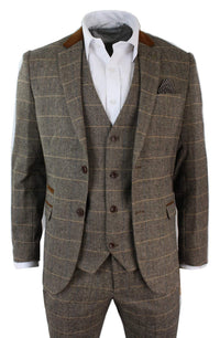 Miesten ruutukuvioinen vintage kalanruotokuvioinen tweed-puku, ruskea, kolmiosainen, vartalonmyötäinen hääpuku
