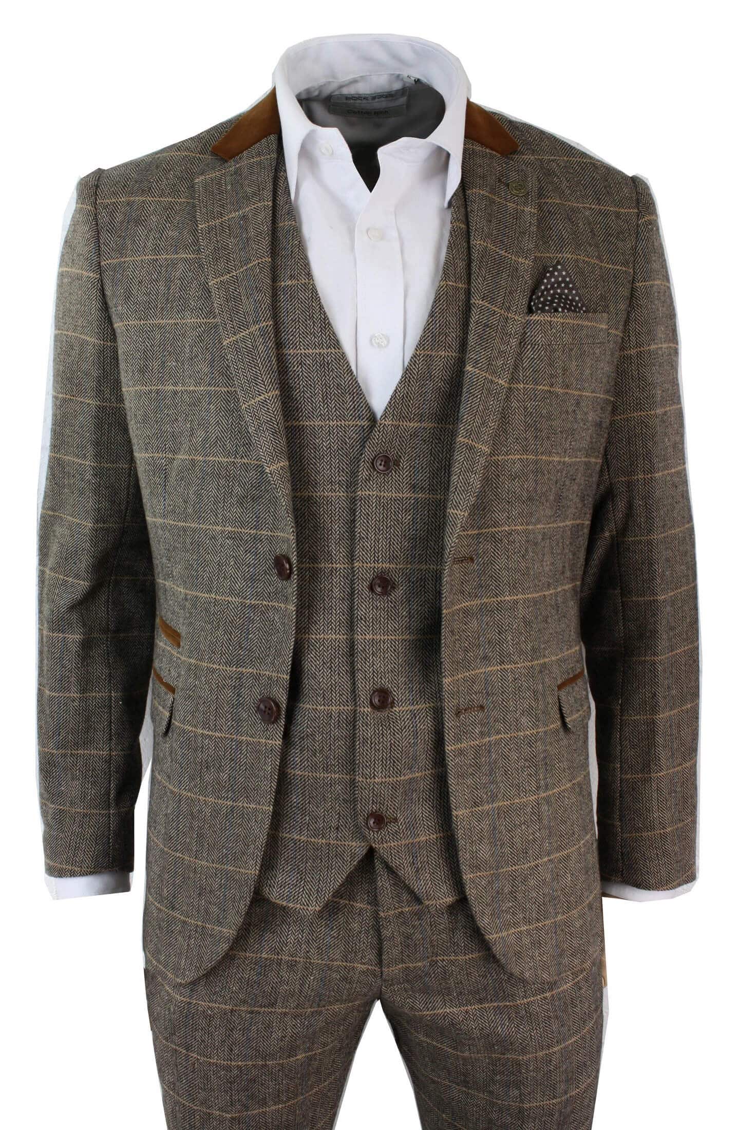 Miesten ruutukuvioinen vintage kalanruotokuvioinen tweed-puku, ruskea, kolmiosainen, vartalonmyötäinen hääpuku
