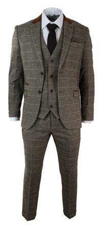 Miesten ruutukuvioinen vintage kalanruotokuvioinen tweed-puku, ruskea, kolmiosainen, vartalonmyötäinen hääpuku
