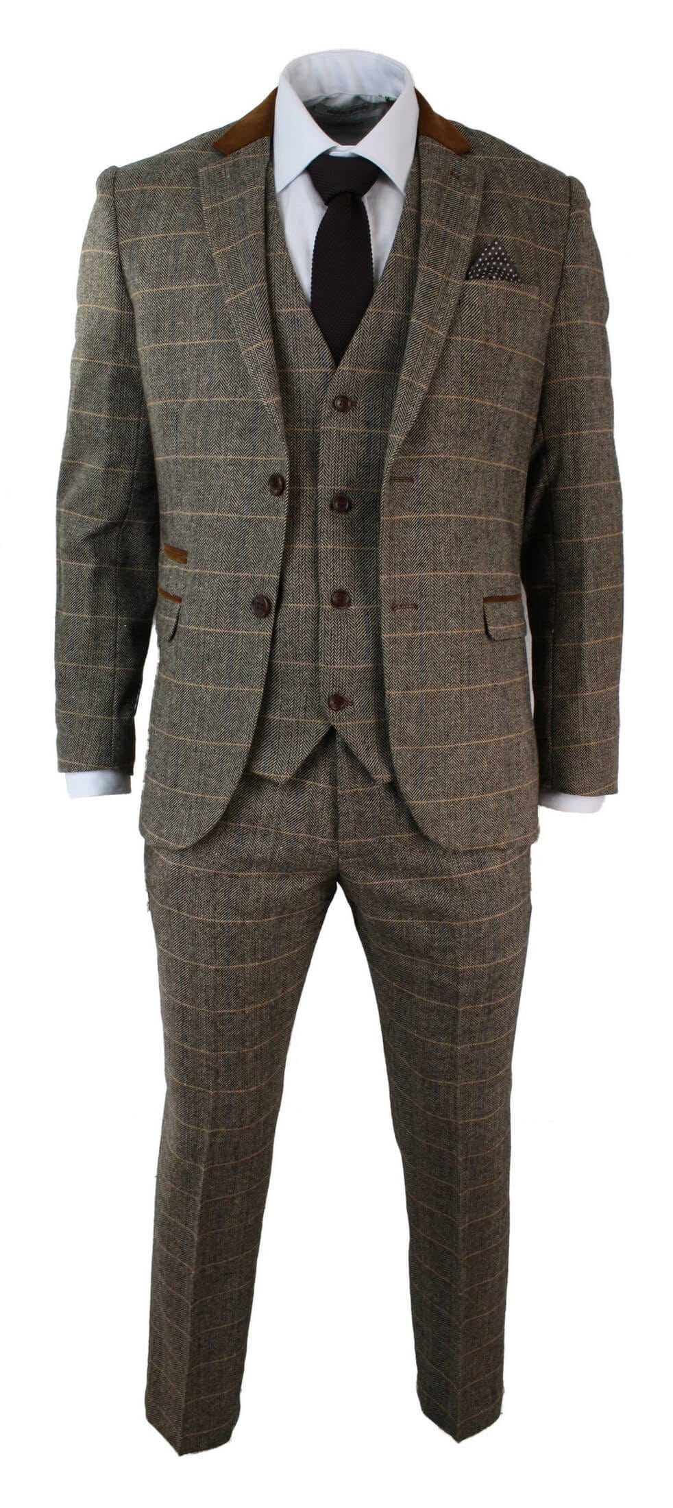 Miesten ruutukuvioinen vintage kalanruotokuvioinen tweed-puku, ruskea, kolmiosainen, vartalonmyötäinen hääpuku