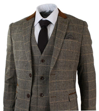 Miesten ruutukuvioinen vintage kalanruotokuvioinen tweed-puku, ruskea, kolmiosainen, vartalonmyötäinen hääpuku