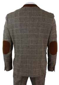 Miesten ruutukuvioinen vintage kalanruotokuvioinen tweed-puku, ruskea, kolmiosainen, vartalonmyötäinen hääpuku
