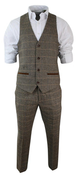 Miesten ruutukuvioinen vintage kalanruotokuvioinen tweed-puku, ruskea, kolmiosainen, vartalonmyötäinen hääpuku