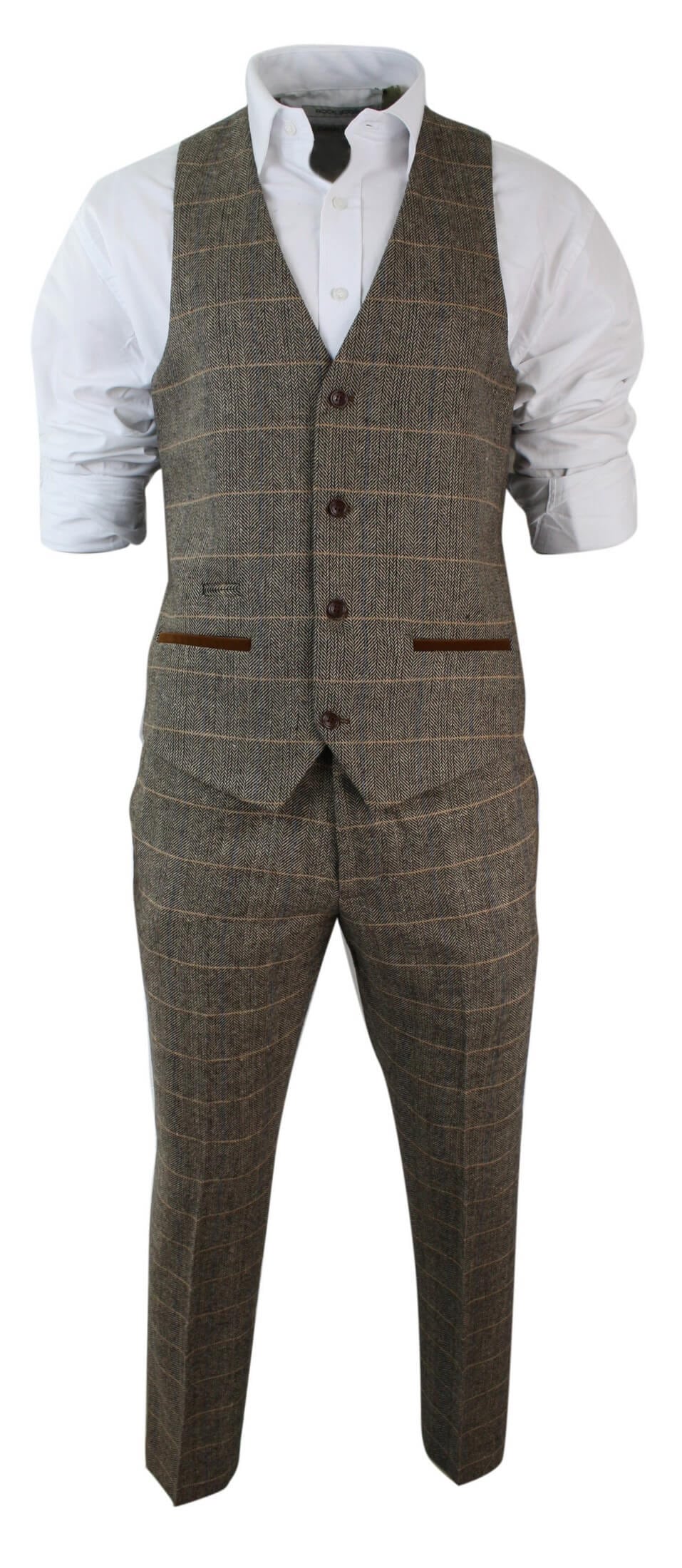 Miesten ruutukuvioinen vintage kalanruotokuvioinen tweed-puku, ruskea, kolmiosainen, vartalonmyötäinen hääpuku