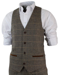 Miesten ruutukuvioinen vintage kalanruotokuvioinen tweed-puku, ruskea, kolmiosainen, vartalonmyötäinen hääpuku