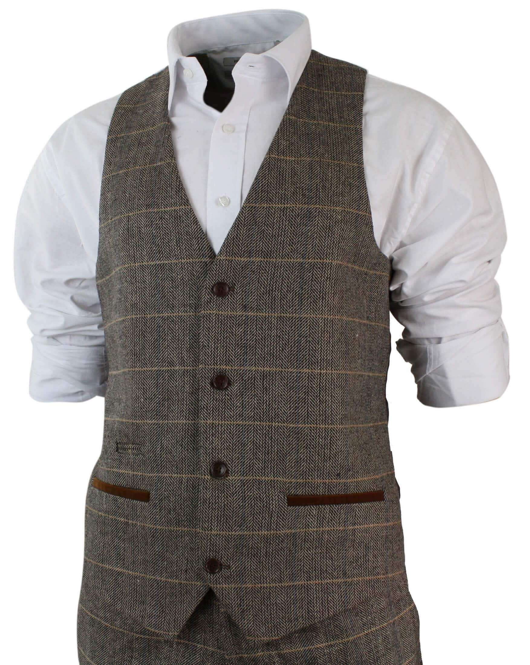 Miesten ruutukuvioinen vintage kalanruotokuvioinen tweed-puku, ruskea, kolmiosainen, vartalonmyötäinen hääpuku