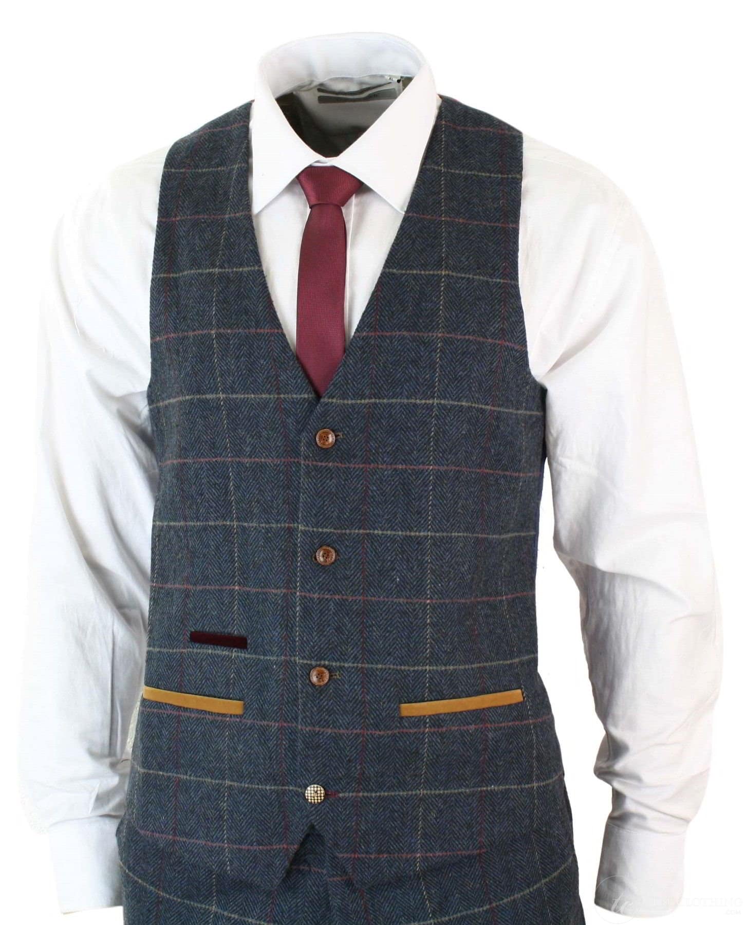 Miesten tummansininen viininruudullinen kalanruotokuvioinen tweedpuku, vintage, kolmiosainen Marc Darcy -puku