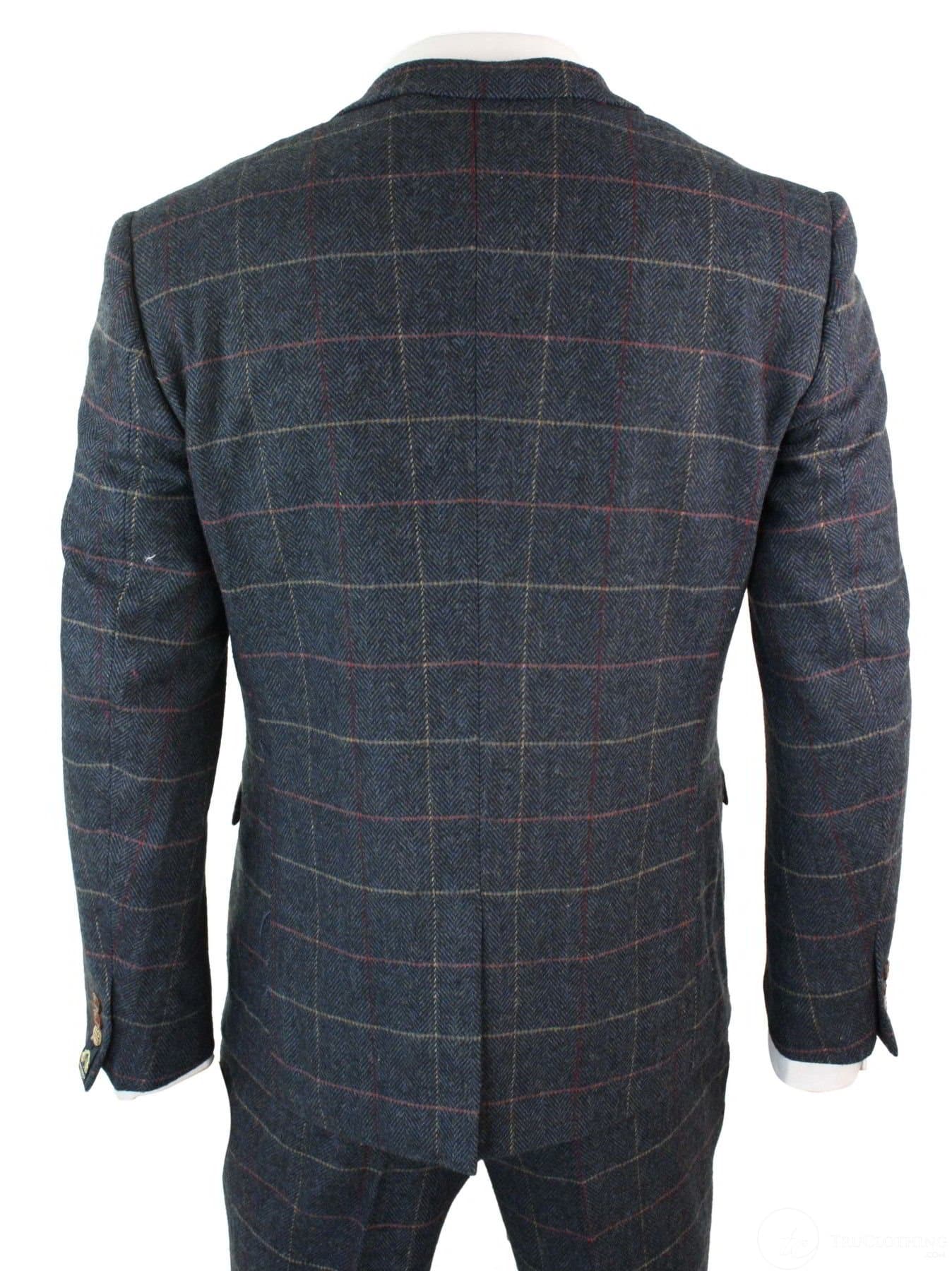 Miesten tummansininen viininruudullinen kalanruotokuvioinen tweedpuku, vintage, kolmiosainen Marc Darcy -puku