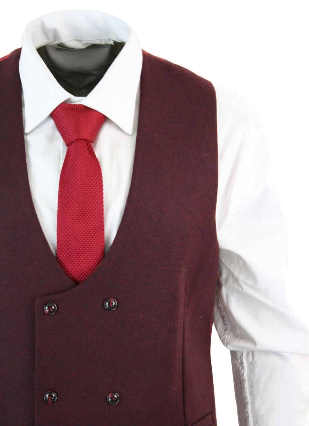 Miesten kaksirivinen huopainen tweedliivi, vintage retroklassinen, kapea malli, kalanruotokuvioinen, melton-kuvioinen, DBC-viininpunainen