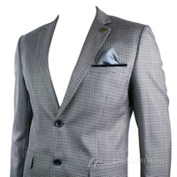 Miesten tweed-vintage-retro harmaa ruutubleiseri kyynärpääpaikoilla, mustat reunukset räätälöitynä