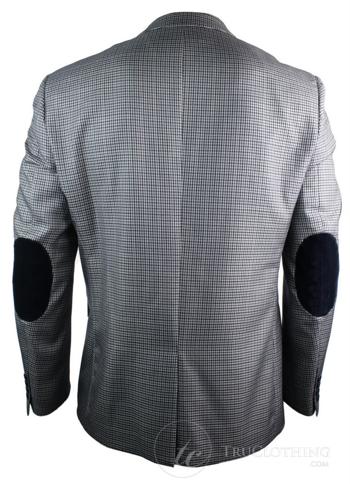 Miesten tweed-vintage-retro harmaa ruutubleiseri kyynärpääpaikoilla, mustat reunukset räätälöitynä