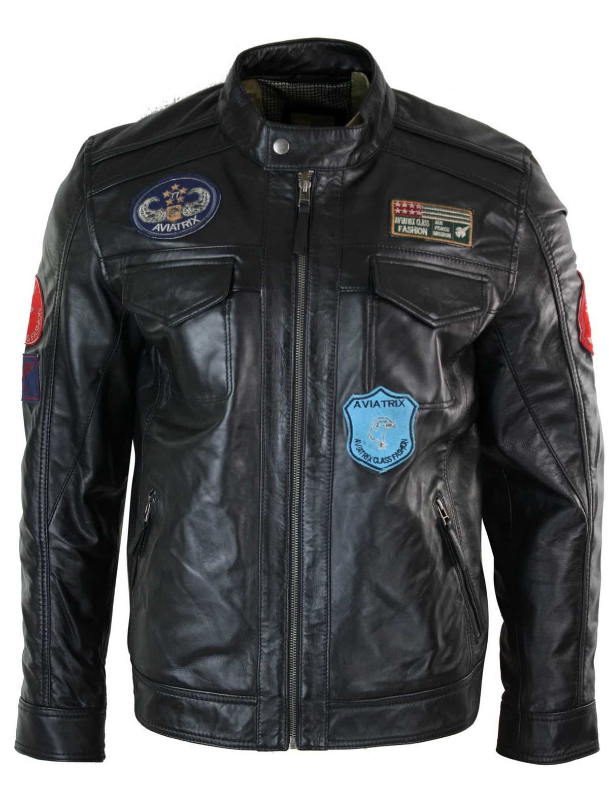 Aviatrix Real Leather Marker miesten musta vetoketjullinen takki, merkkikuviolla, kilpa-ajopilotin rento käyttökokemus