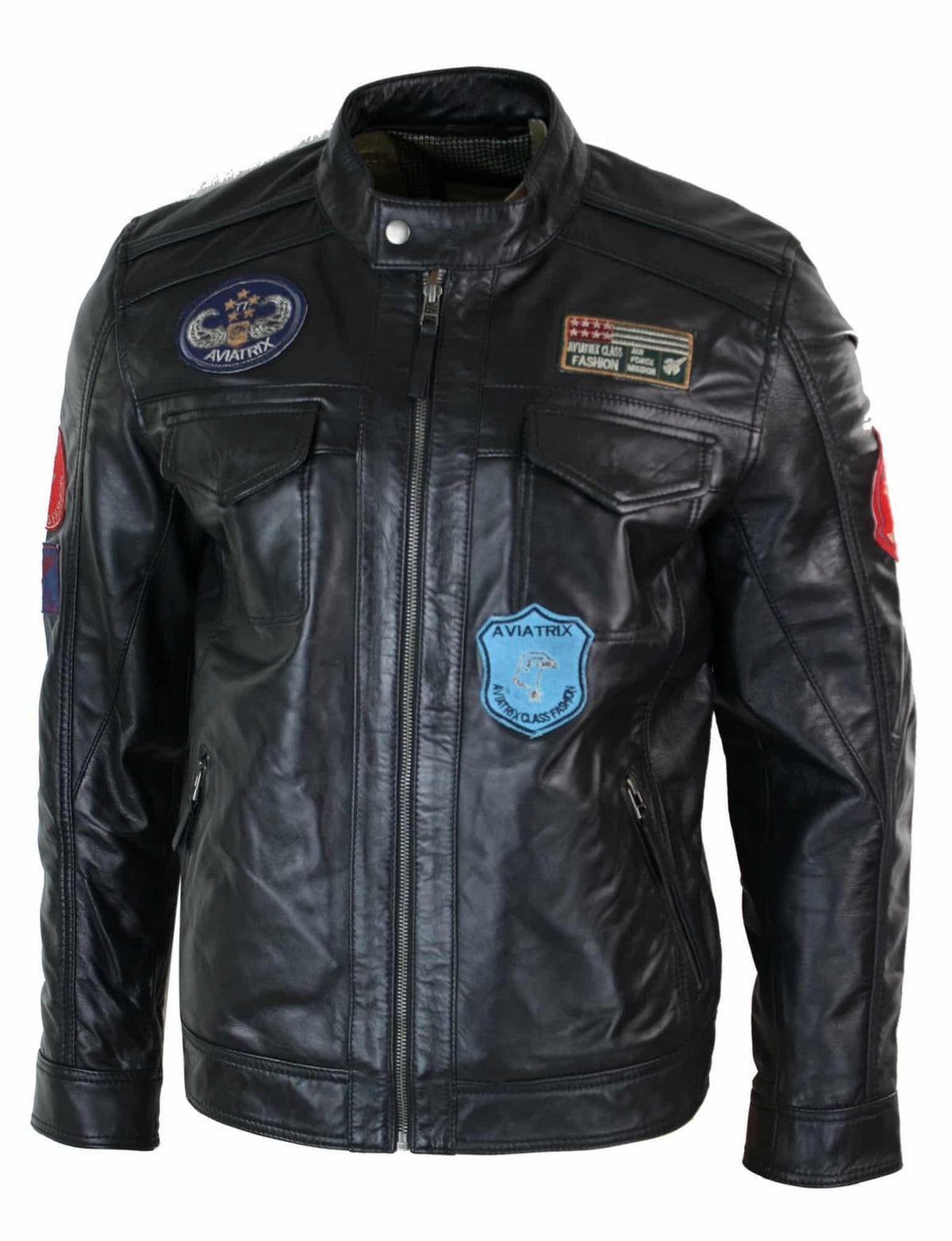 Aviatrix Real Leather Marker miesten musta vetoketjullinen takki, merkkikuviolla, kilpa-ajopilotin rento käyttökokemus