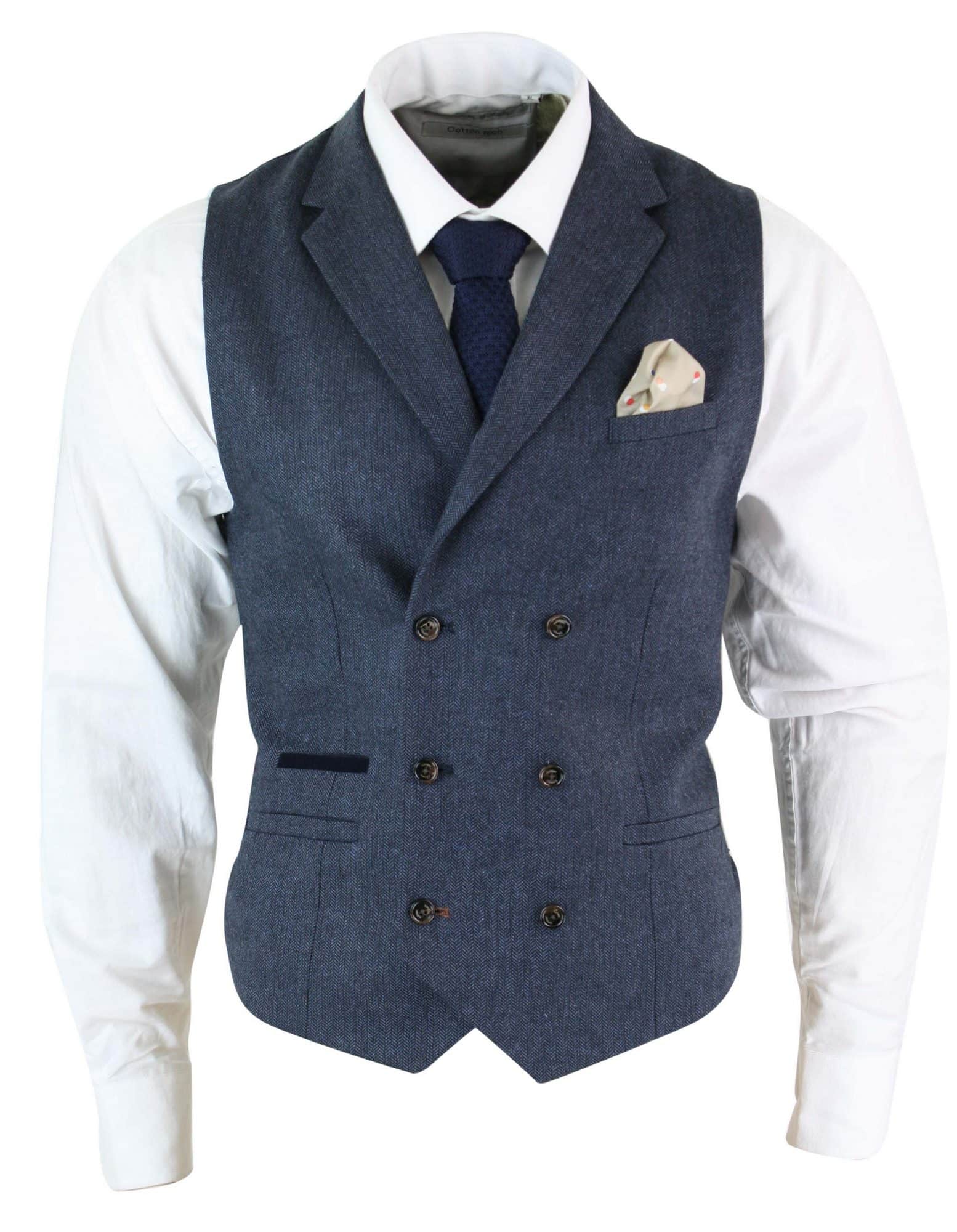 Cavani Martez - Miesten kalanruotokuvioinen tweed Gatsby Peaky Blinders -klassinen kaksirivinen liivi - sininen