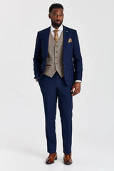 Mayfair Navy -teksturoitu puku ja Harris Brown -tweed-kuvioinen kontrastiliivi