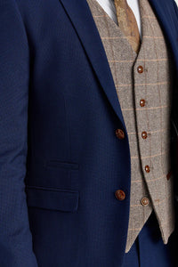 Mayfair Navy -teksturoitu puku ja Harris Brown -tweed-kuvioinen kontrastiliivi