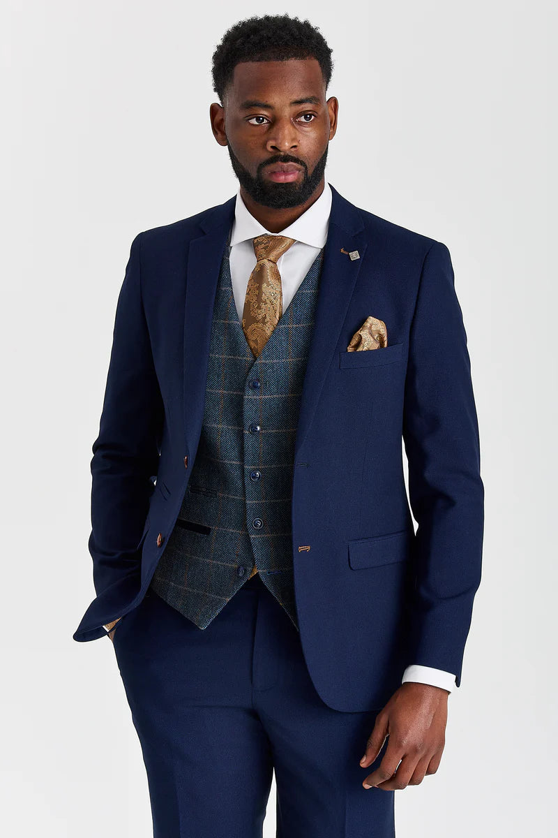 Mayfair Navy -teksturoitu puku ja Harris Navy -kontrastivärinen tweed-liivi