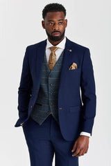 Mayfair Navy -teksturoitu puku ja Harris Navy -kontrastivärinen tweed-liivi