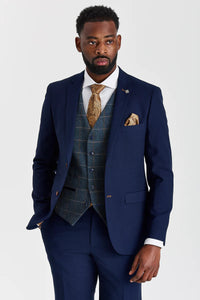 Mayfair Navy -teksturoitu puku ja Harris Navy -kontrastivärinen tweed-liivi