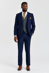 Mayfair Navy -teksturoitu puku ja Harris Navy -kontrastivärinen tweed-liivi