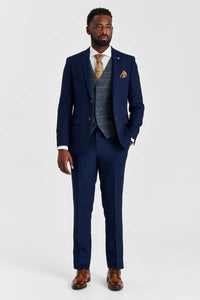 Mayfair Navy -teksturoitu puku ja Harris Navy -kontrastivärinen tweed-liivi