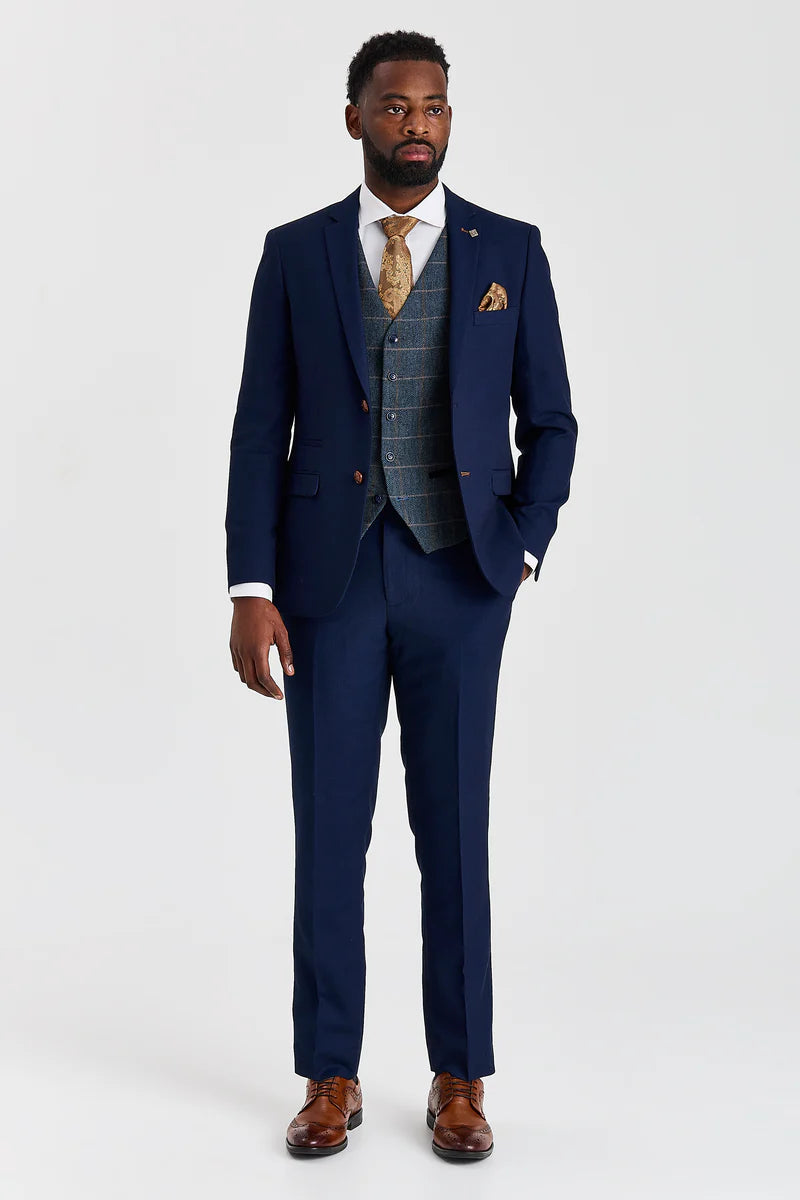 Mayfair Navy -teksturoitu puku ja Harris Navy -kontrastivärinen tweed-liivi