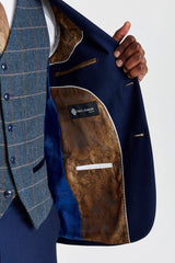 Mayfair Navy -teksturoitu puku ja Harris Navy -kontrastivärinen tweed-liivi