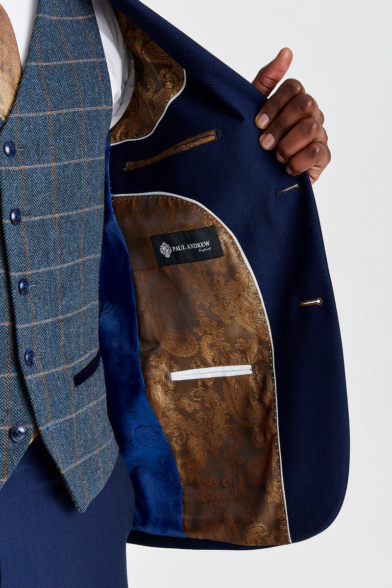 Mayfair Navy -teksturoitu puku ja Harris Navy -kontrastivärinen tweed-liivi