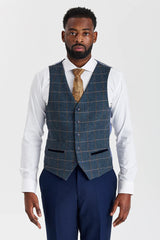 Mayfair Navy -teksturoitu puku ja Harris Navy -kontrastivärinen tweed-liivi