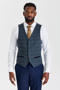 Mayfair Navy -teksturoitu puku ja Harris Navy -kontrastivärinen tweed-liivi