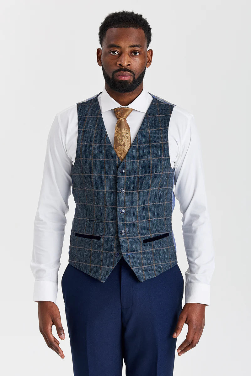 Mayfair Navy -teksturoitu puku ja Harris Navy -kontrastivärinen tweed-liivi