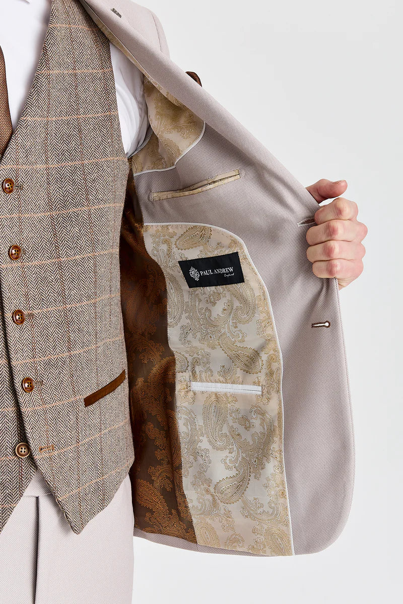 Mayfair Stone -kuvioitu puku ja Harrisinruskea tweed-liivi