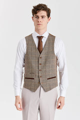 Mayfair Stone -kuvioitu puku ja Harrisinruskea tweed-liivi